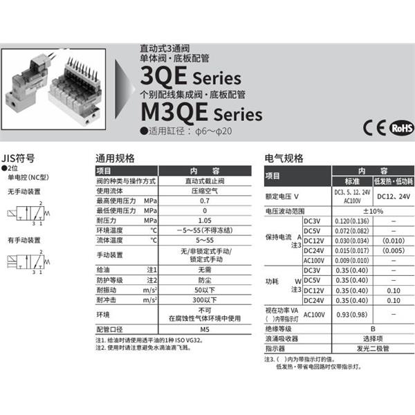 CKD喜開理直動式3通電磁閥M3QE180-M5-ME2NF-20-8