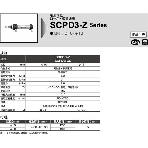 CKD喜開理筆形氣缸SCPD3-ZL-LS-10-200-T5H-T-Y